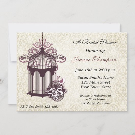 Plum Birdcage, Damask Invitation Kaart (Voorkant)