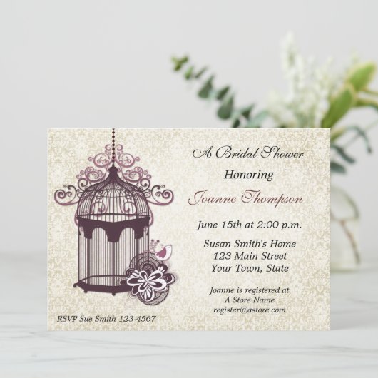 Plum Birdcage, Damask Invitation Kaart (Staand voorkant)