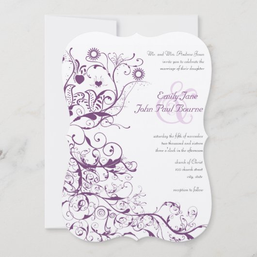 Plum Birds & Swirls Wedding Invitations Kaart (Voorkant)