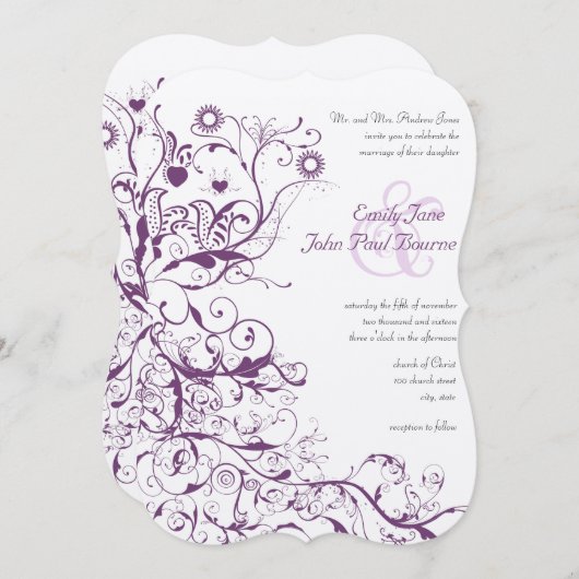 Plum Birds & Swirls Wedding Invitations Kaart (Voorkant / Achterkant)