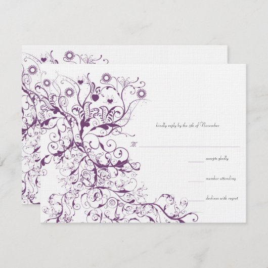 Plum Birds & Swirls Wedding RSVP Response Kaarten (Voorkant / Achterkant)