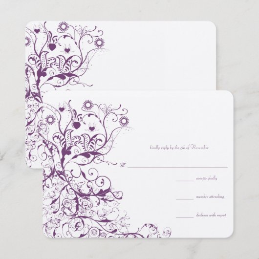 Plum Birds & Swirls Wedding RSVP Response Kaarten (Voorkant / Achterkant)