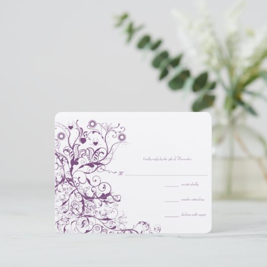 Plum Birds & Swirls Wedding RSVP Response Kaarten (Staand voorkant)