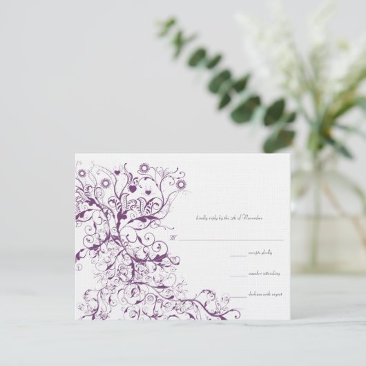 Plum Birds & Swirls Wedding RSVP Response Kaarten Kaartje (Staand voorkant)
