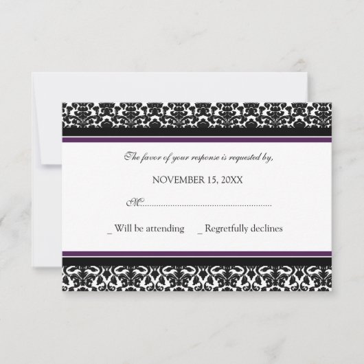 Plum Black Damask RSVP Weddenkaart (Voorkant)