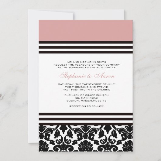 Plum Black en White Damask Wedding Invitation Kaart (Voorkant)