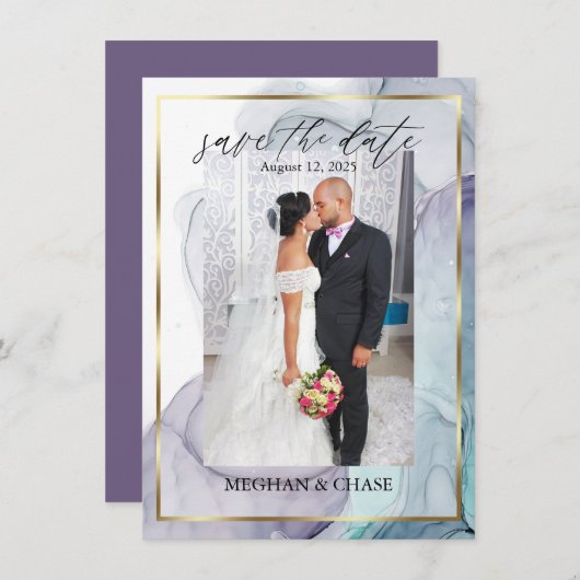 Plum Blauwgroen Photo Alcohol Ink Abstract Save The Date (Voorkant / Achterkant)