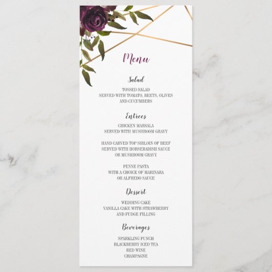 Plum Bloemen Faux Goud Geometrisch Bruiloft Menu K (Voorkant)