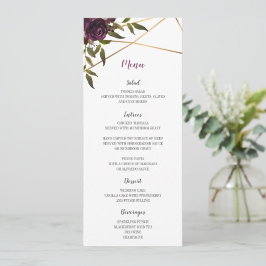 Plum Bloemen Faux Goud Geometrisch Bruiloft Menu K (Staand voorkant)