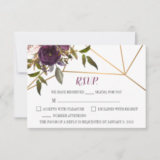 Plum Bloemen Faux Goud Geometrisch Bruiloft RSVP K Kaartje