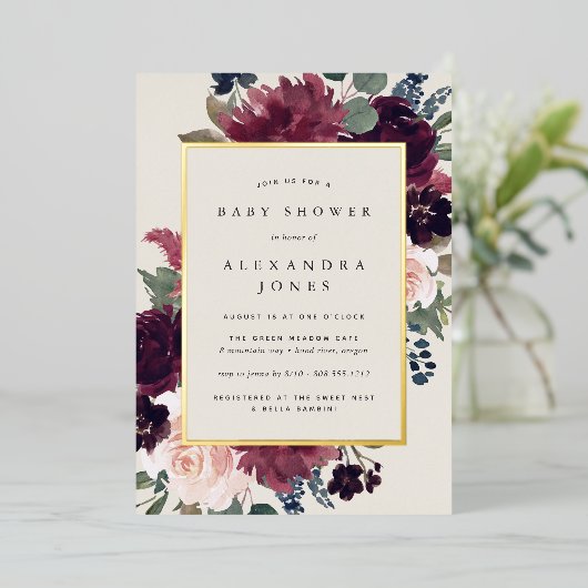 Plum Blossom Baby shower Folie Uitnodiging (Staand Voorkant)