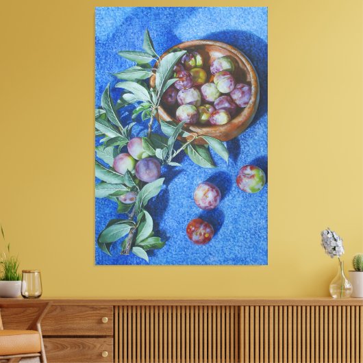 Plum Blossom Branches op Blauwe Achtergrond Schild Canvas Afdruk (Insitu (Woonkamer))