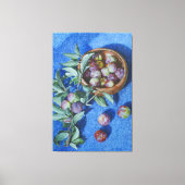 Plum Blossom Branches op Blauwe Achtergrond Schild Canvas Afdruk (Voorkant)