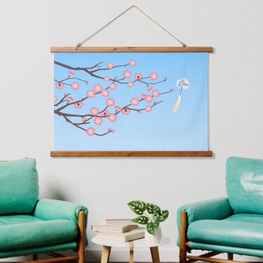 Plum Blossom en Glass Wind Chime op Light Blue Hangend Wandkleed (Woonkamer)