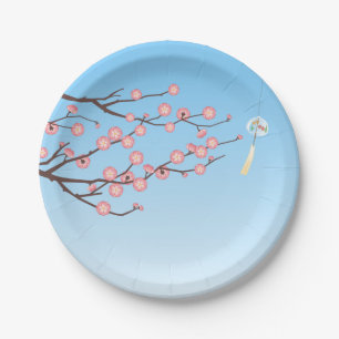 Plum Blossom en Glass Wind Chime op Light Blue Papieren Bordje