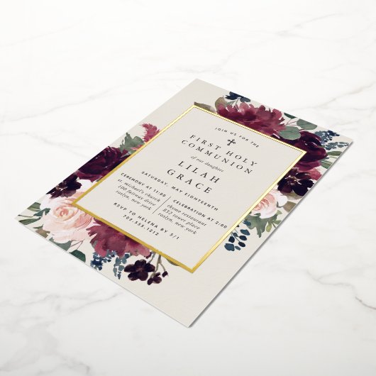 Plum Blossom First Heilige Communie Folie Uitnodiging (Gedraaid)