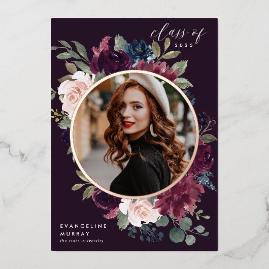 Plum Blossom Folie Foto Afstuderen Aankondiging (Voorkant)