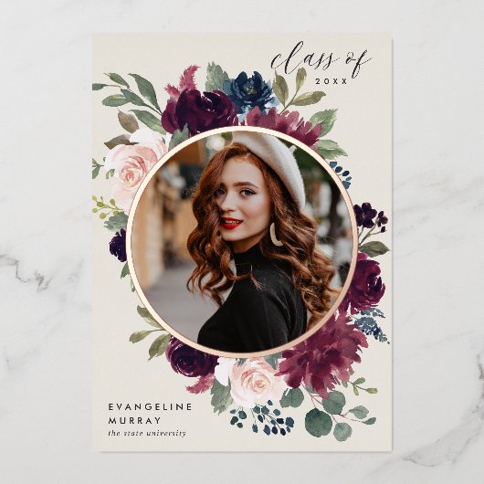 Plum Blossom Folie Foto Afstuderen Aankondiging (Voorkant)