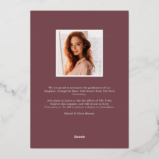 Plum Blossom Folie Foto Afstuderen Aankondiging (Achterkant)