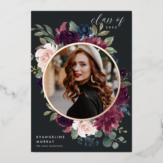 Plum Blossom Folie Foto Afstuderen Aankondiging (Voorkant)