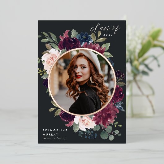 Plum Blossom Folie Foto Afstuderen Aankondiging (Staand Voorkant)