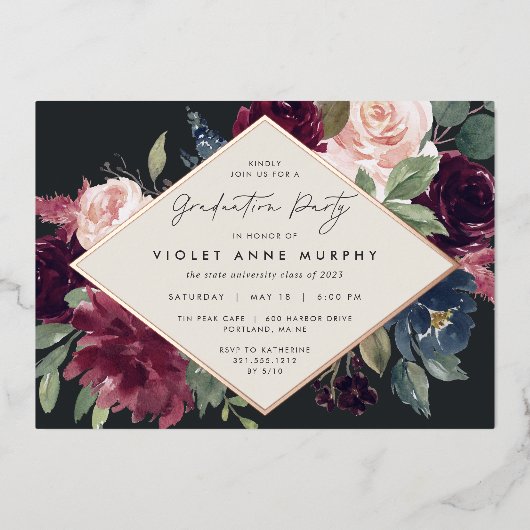 Plum Blossom Graduation Party Folie Uitnodiging (Voorkant)