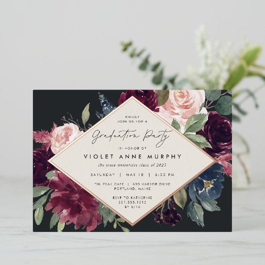 Plum Blossom Graduation Party Folie Uitnodiging (Staand Voorkant)