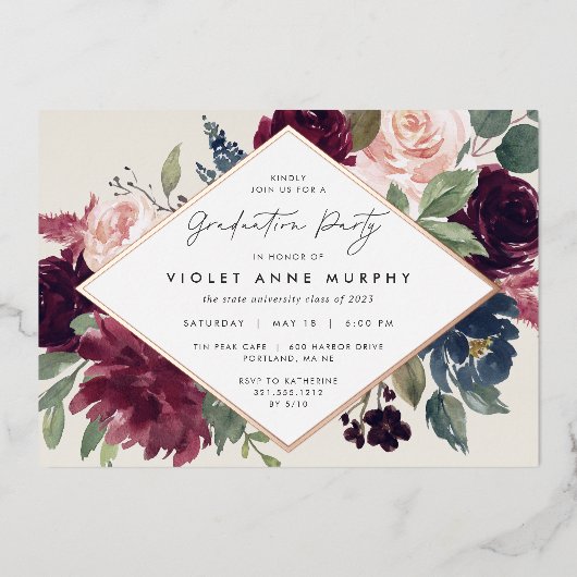 Plum Blossom Graduation Party Folie Uitnodiging (Voorkant)