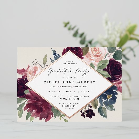 Plum Blossom Graduation Party Folie Uitnodiging (Staand Voorkant)