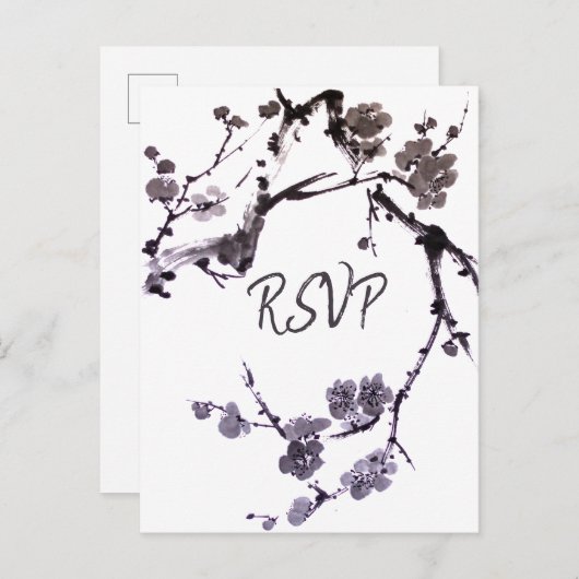 Plum blossom sumie RSVP met maaltijdkeuze Uitnodiging Briefkaart (Voorkant / Achterkant)