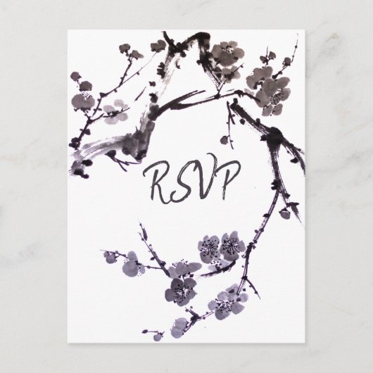 Plum blossom sumie RSVP met maaltijdkeuze Uitnodiging Briefkaart (Voorkant)