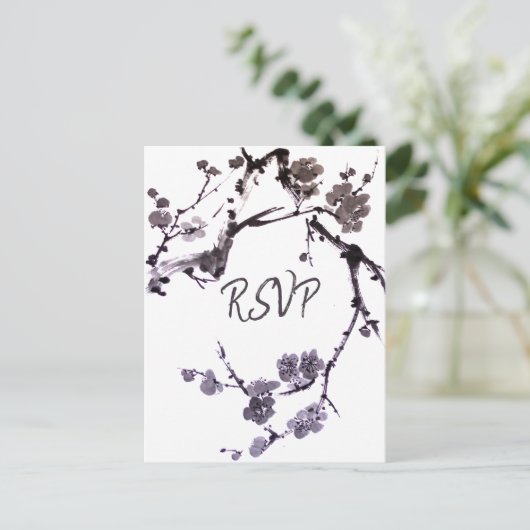 Plum blossom sumie RSVP met maaltijdkeuze Uitnodiging Briefkaart (Staand voorkant)