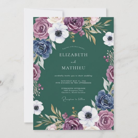 Plum Blue Botanical Romance Wedding Kaart (Voorkant)