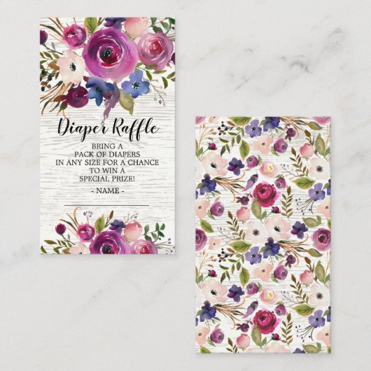 Plum Blue Floral Baby shower Luier Raffle Ticket Informatiekaartje (Voorkant / Achterkant)