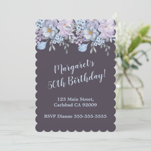 Plum Blue lavender floral design 50e verjaardag Kaart (Staand voorkant)