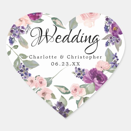 Plum Blush Bloemen Hart Bruiloft Envelop Seal Sticker (Voorkant)