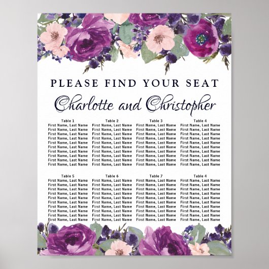 Plum Blush Floral 8-Table Wedding Seating Chart Poster (Voorkant)