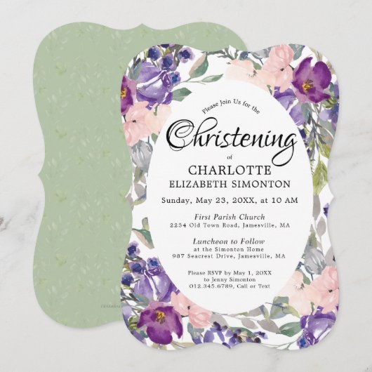 Plum Blush Floral Christening Invitations Kaart (Voorkant / Achterkant)