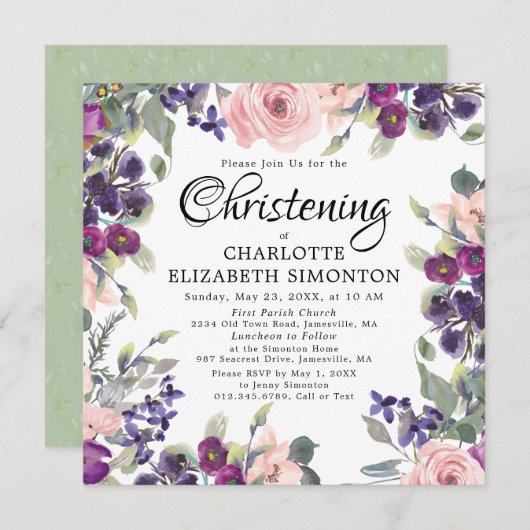 Plum Blush Floral Square Christening Invitations Kaart (Voorkant / Achterkant)