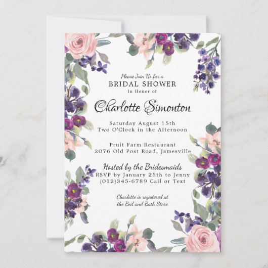Plum Blush Modern Floral Bridal Shower Invitation Kaart (Voorkant)