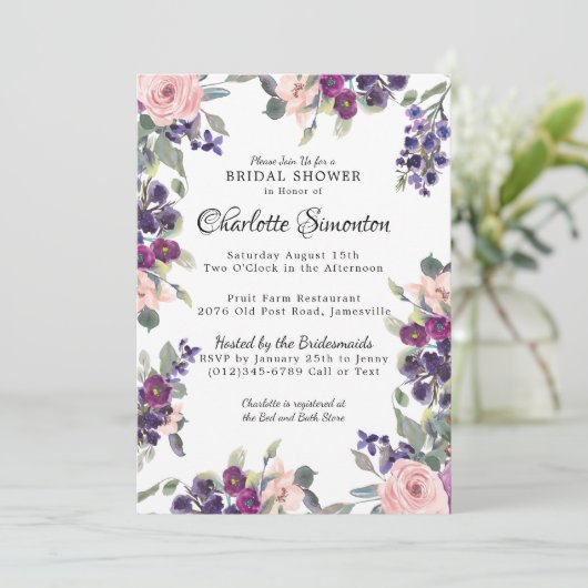 Plum Blush Modern Floral Bridal Shower Invitation Kaart (Staand voorkant)