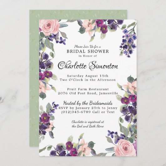 Plum Blush Modern Floral Bridal Shower Invitation Kaart (Voorkant / Achterkant)