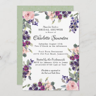Plum Blush Modern Floral Bridal Shower Invitation Kaart