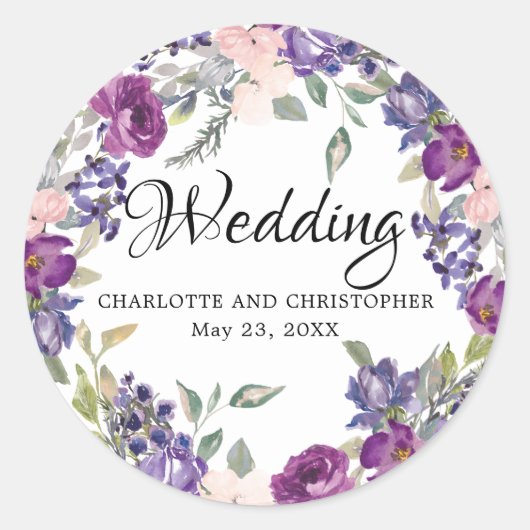 Plum Blush Paarse Bloemen Bruiloft Envelop Seal Ronde Sticker (Voorkant)