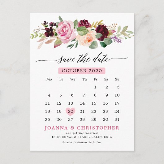 Plum Blush Pink Bloemenkalender Bewaar de datum Aankondigingskaart (Voorkant)