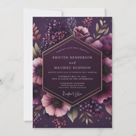 Plum Botanical Bloom Wedding Kaart (Voorkant)