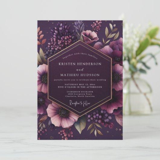 Plum Botanical Bloom Wedding Kaart (Staand voorkant)