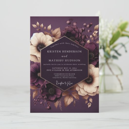 Plum Botanical Enchantment Wedding Kaart (Staand voorkant)