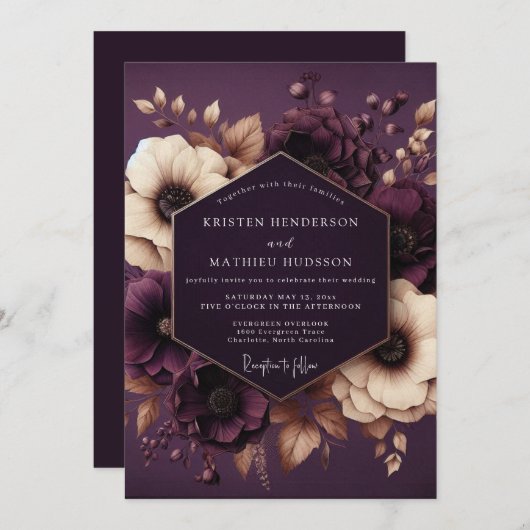 Plum Botanical Enchantment Wedding Kaart (Voorkant / Achterkant)