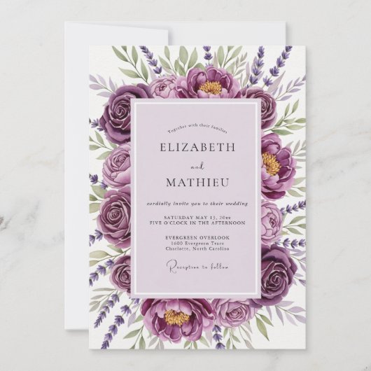 Plum Botanical Romantic Wedding Kaart (Voorkant)